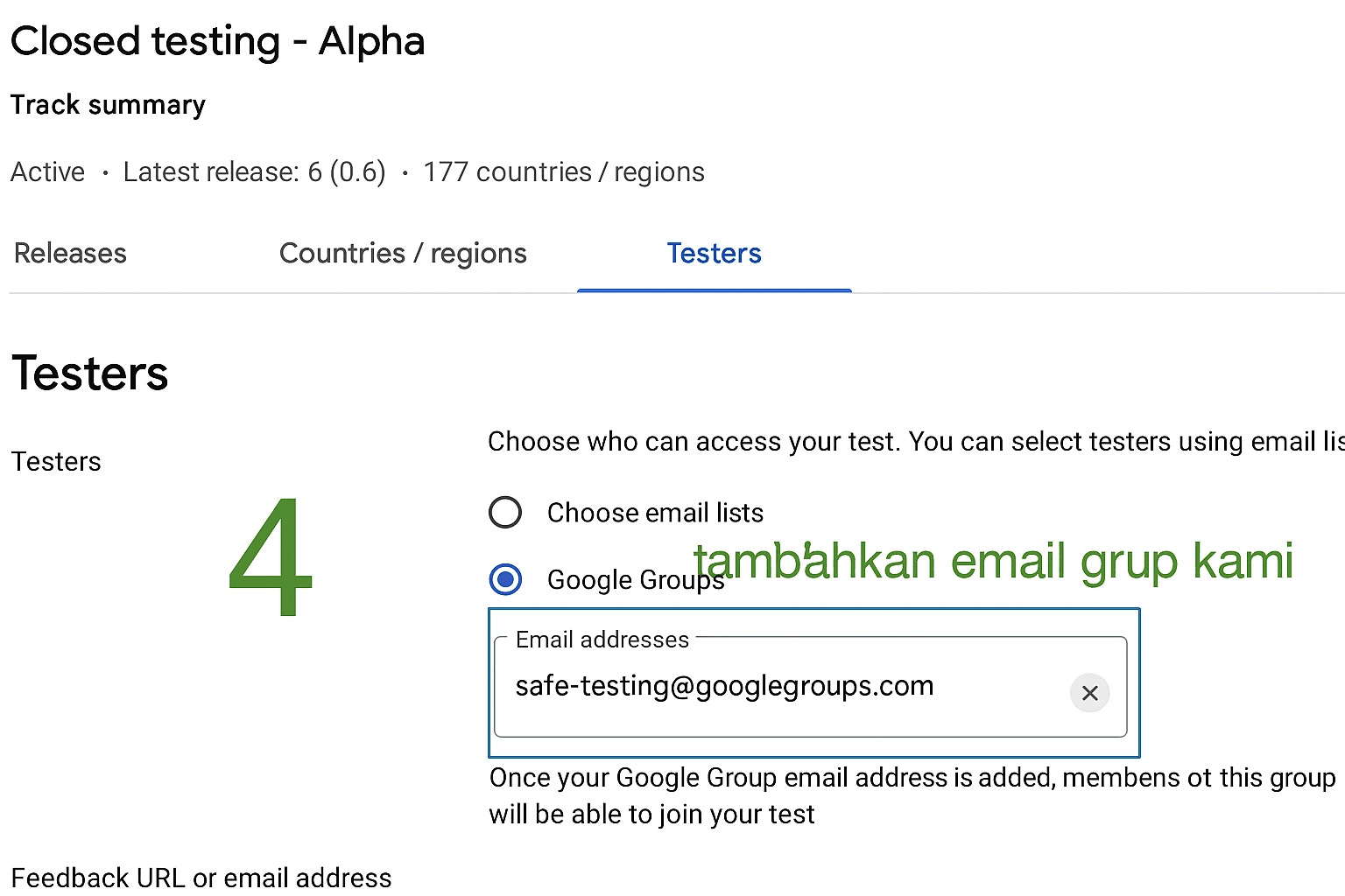 Tambahkan email grup tester kami
